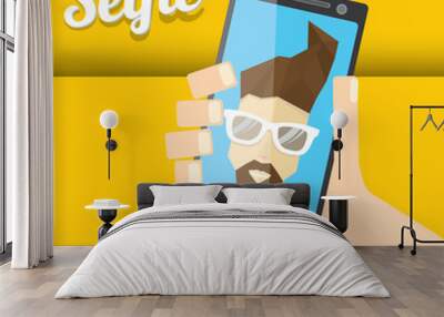 Taking Selfie Photo on Smart Phone concept icon Wall mural