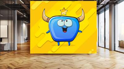 Vector cartoon funky blue monster with horn isolated on yellow background. Smiling silly blue monster print sticker design template. Ghost, troll, gremlin, goblin, devil and monster Wall mural