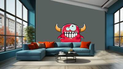 Vector cartoon funny red monster with horn isolated on grey background. Smiling silly red monster print sticker design template. Ghost, troll, gremlin, goblin, devil and monster Wall mural