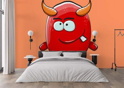 Vector cartoon funny red monster with horn isolated on orange background. Smiling silly blue funky monster print sticker design template. Pink Ghost, troll, gremlin, goblin, devil and monster Wall mural