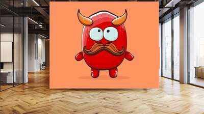 Vector cartoon funny red monster with horn isolated on orange background. Smiling silly blue funky monster print sticker design template. Pink Ghost, troll, gremlin, goblin, devil and monster Wall mural