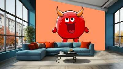 Vector cartoon funny red monster with horn isolated on orange background. Smiling silly blue funky monster print sticker design template. Pink Ghost, troll, gremlin, goblin, devil and monster Wall mural