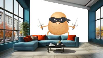 vector cartoon ninja potato character with black super hero mask and ninja knife sai isolated on white background. super funky vegetable food character Wall mural