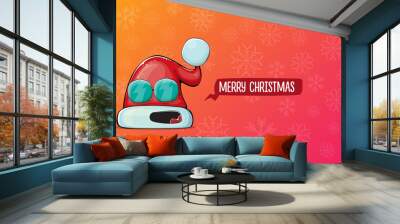 Vector cartoon Santa Claus red hat with smile face isolated on pink horizontal bannner background with snowflakes. Merry Christmas greeting banner with funny monster Santa Claus hat. Santa hat Wall mural