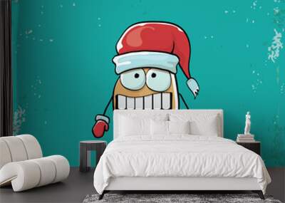 vector funky comic cartoon cute smiling santa claus potato character with red santa hat and calligraphic merry christmas text isolated on turquoise background. vegetable funky christmas food character Wall mural