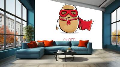 vector funny cartoon cute brown super hero potato with red hero cape isolated on white background. My name is potato vector concept. super vegetable funky character Wall mural