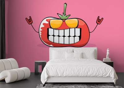 vector funny cartoon cute red smiling tomato character isolated on pink background. My name is tomato. vegetable funky food character Wall mural