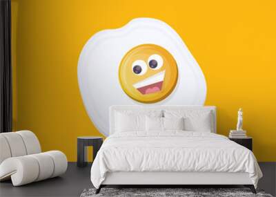 vector funny cartoon fried egg character isolated on orange background. funky smiling morning food fried egg. Good morning concept Wall mural