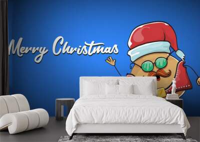 vector rock star santa potato funny cartoon cute character with with red santa hat and calligraphic merry christmas text isolated on blue horizontal background. rock n roll christmas party banner Wall mural