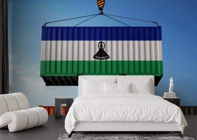 Lesotho trade cargo container hanging against clouds background Wall mural