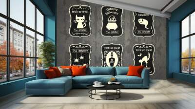 Happy Halloween vector tag with cute cartoon in vintage style. Wall mural