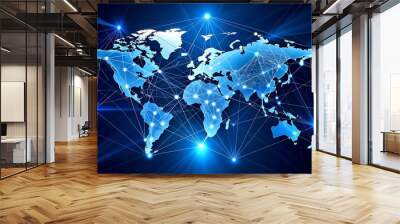 abstract world map concept of global network and connectivity international data transfer and cyber technology   Wall mural