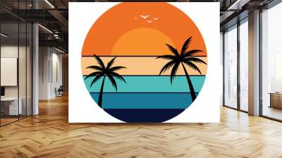 beach with palm trees, tropical island with palm tree, Summer Sunset Design Vector Wall mural