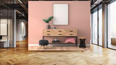 Interior mockup with blank frame, pink wall, modern living room with wooden furniture and floor Wall mural