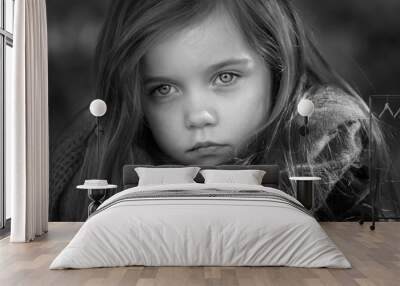 black and white portrait of a beautiful young girl taken outside Wall mural