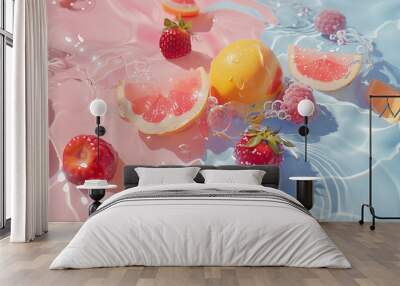 A dynamic and colorful composition capturing citrus fruit and berries amidst water splashes on a shiny surface. Summer concept. Wall mural