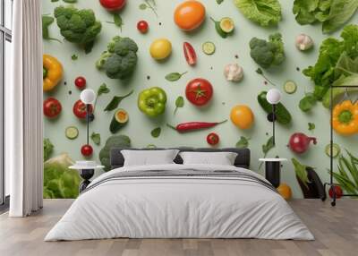 A flat-lay assortment of fresh vegetables spread out on a green surface, vibrant and healthy.  Wall mural