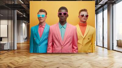 A trio of stylish fashion men in brightly colored suits with coordinating sunglasses stand before a yellow background. Wall mural