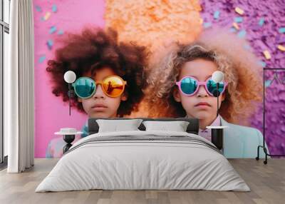 Two fashionable kids with colorful funky sunglasses in front of New Year party setting. Wall mural