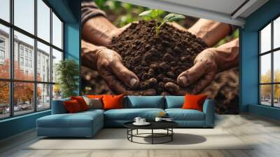 Farmer Holding Soil in Hands Close-Up Wall mural