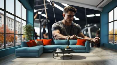 Young Man Pulling Rope at the Gym Wall mural