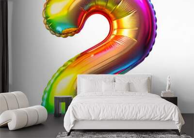 A shiny balloon designed to form the number 2, with vibrant colors, placed on a white background Wall mural