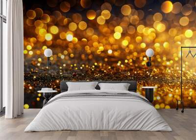 Abstract glittery lights backdrop. Golden sparkles on a dark background. Out of focus Wall mural