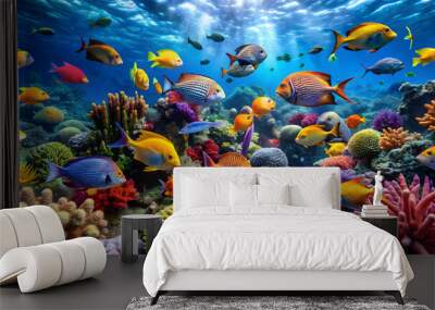 An underwater coral reef with schools of colorful fish. Wall mural