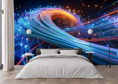 Surreal image of intertwined neon fiber optic strands emitting vibrant blue and orange lights, symbolizing rapid data flow and modern technology Wall mural