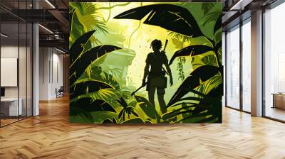 A digital illustration of a female explorer traversing a dense jungle wielding a machete and uncove Generative AI Wall mural