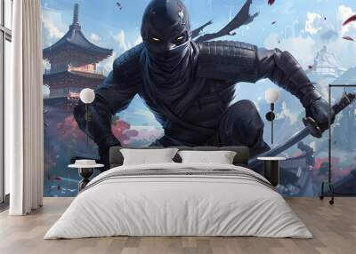 Icon of a stealthy ninja warrior poised for action clad in traditional black attire ar7 4 Generative AI Wall mural