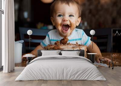 Photo of a baby's first taste of birthday cake, captured with a wide-angle lens Generative AI Wall mural