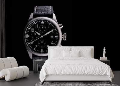 Exquisite Men's Watch with Leather Belt. Black background and free space Wall mural