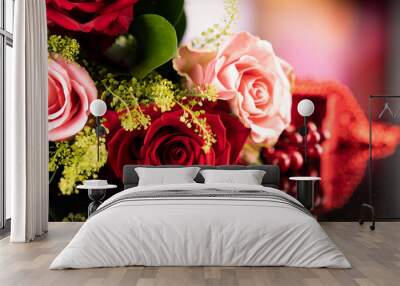 Bunch of roses on the bokeh background. Women’s day gift.  Wall mural