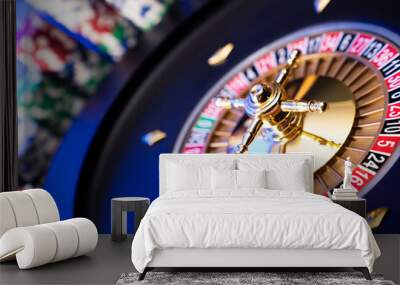 Casino theme.  Gambling games. Roulette and poker chips on a blue background. Wall mural