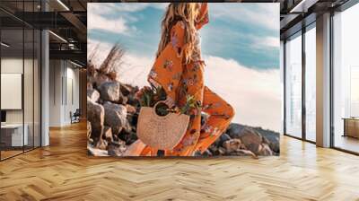 beautiful stylish boho model having fun  outdoors at sunset Wall mural