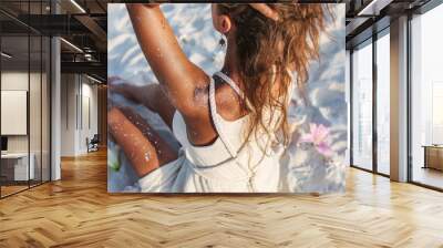 close up of beautiful young  woman on the beach at sunset Wall mural