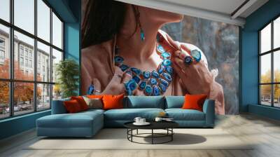 close up of woman hands with with gem stones accessories outdoors Wall mural