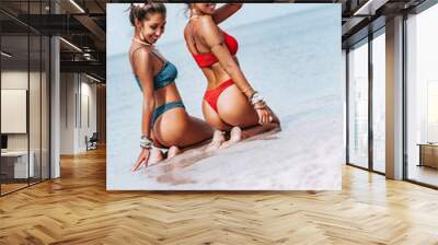 two beautiful young woman twin sisters in bikini on tropical beach Wall mural