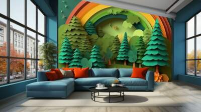 forest on the background of the rainbow, paper style Generative AI Wall mural