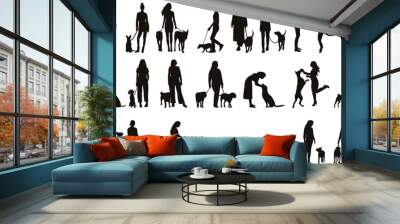 people with dogs, woman playing with dog set silhouette on white background vector Wall mural