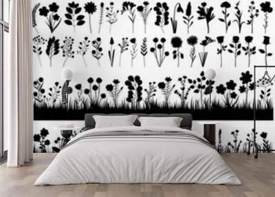 plants, flowers, grass set black silhouette, isolated vector Wall mural