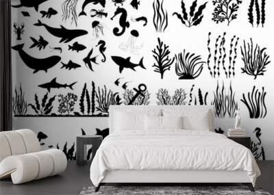 sea animals, fish, algae set silhouette ,on white background, vector Wall mural