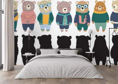 Set of bears character in different clothes in flat style on white background, vector Wall mural