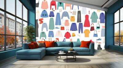 set of clothes and shoes, jewelry in flat style vector Wall mural