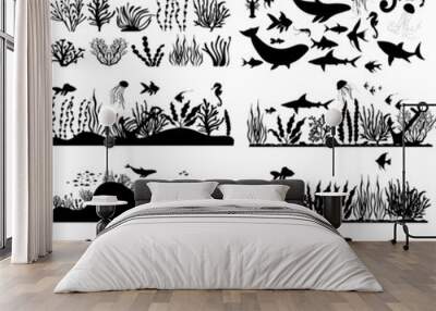 set of sea bottom, algae, fish black silhouette, isolated vector Wall mural