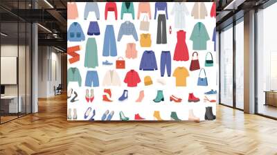 set of women's clothing and shoes, jewelry and sumak in flat style, vector Wall mural