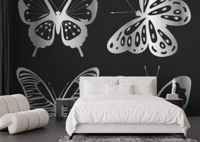 silver butterflies silhouette, on a black background, isolated, vector Wall mural