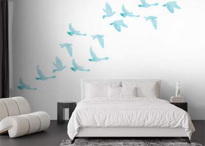 vector, isolated, blue watercolor silhouette of flocks of birds Wall mural