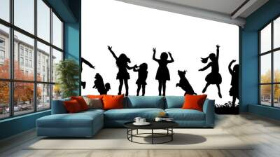 Vector, isolated silhouette of children jumping with dog Wall mural